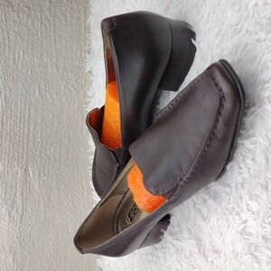 Ecco Dark Brown Leather Upper Square Toe Low Stacked Heel Slip On Loafer Shoe